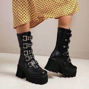 Black Buckle Platform Mid-Calf Boots - Women